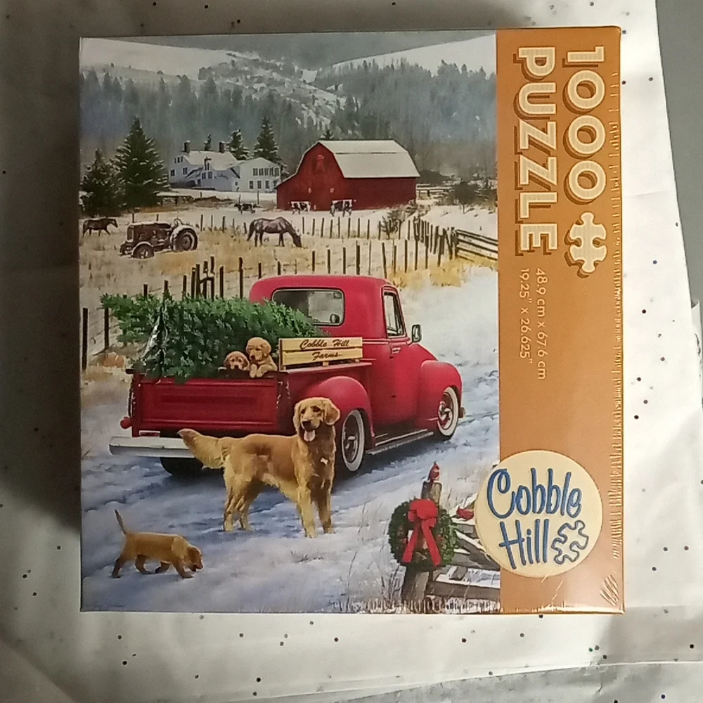 1000 piece puzzle Labrador retrievers red truck Christmas